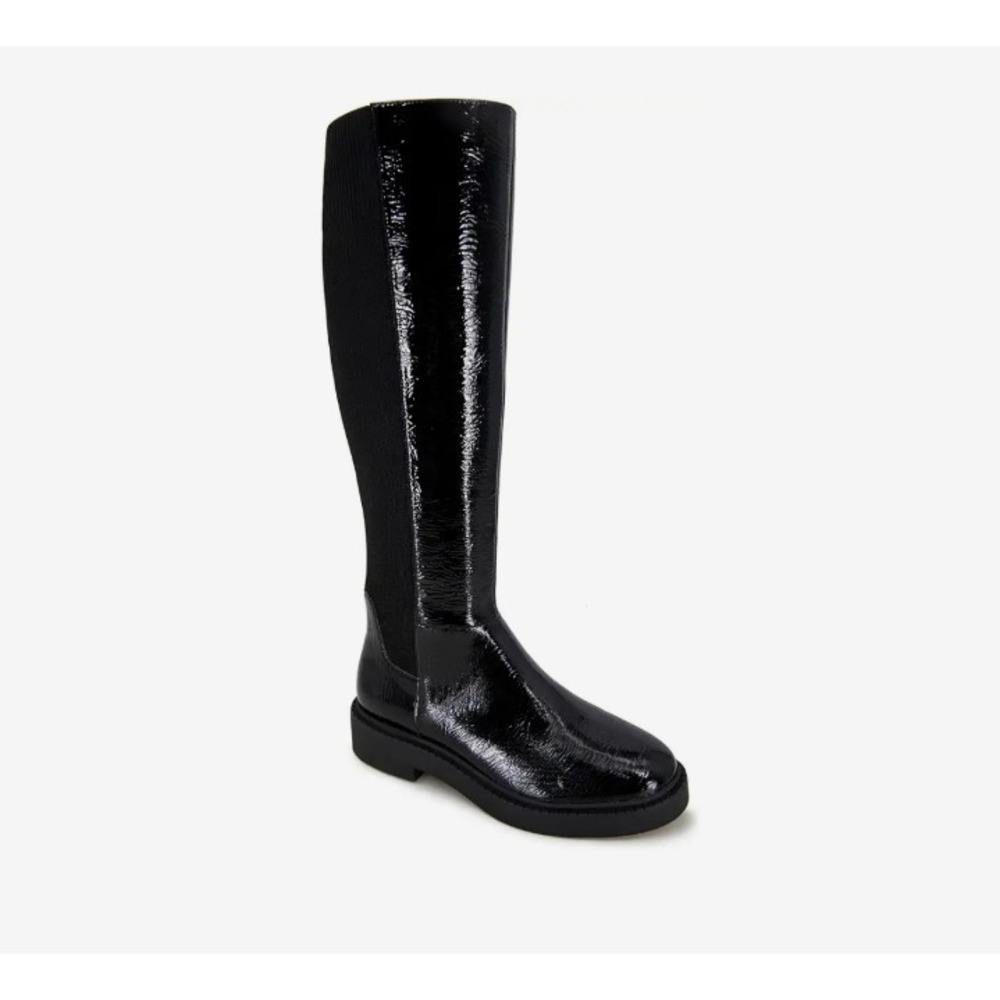 $219 Andre Assous Viva Round Toe Black Patent Tall Zip Stretch Boot Size 7.5